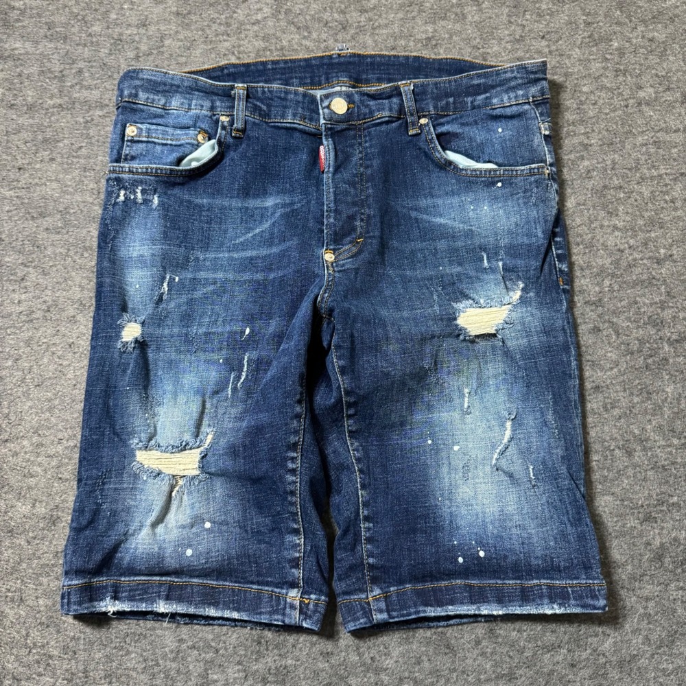 Dsquared2 Icon Distressed Denim Shorts Blue Paint Splatter Italy IT 52 (34x11)